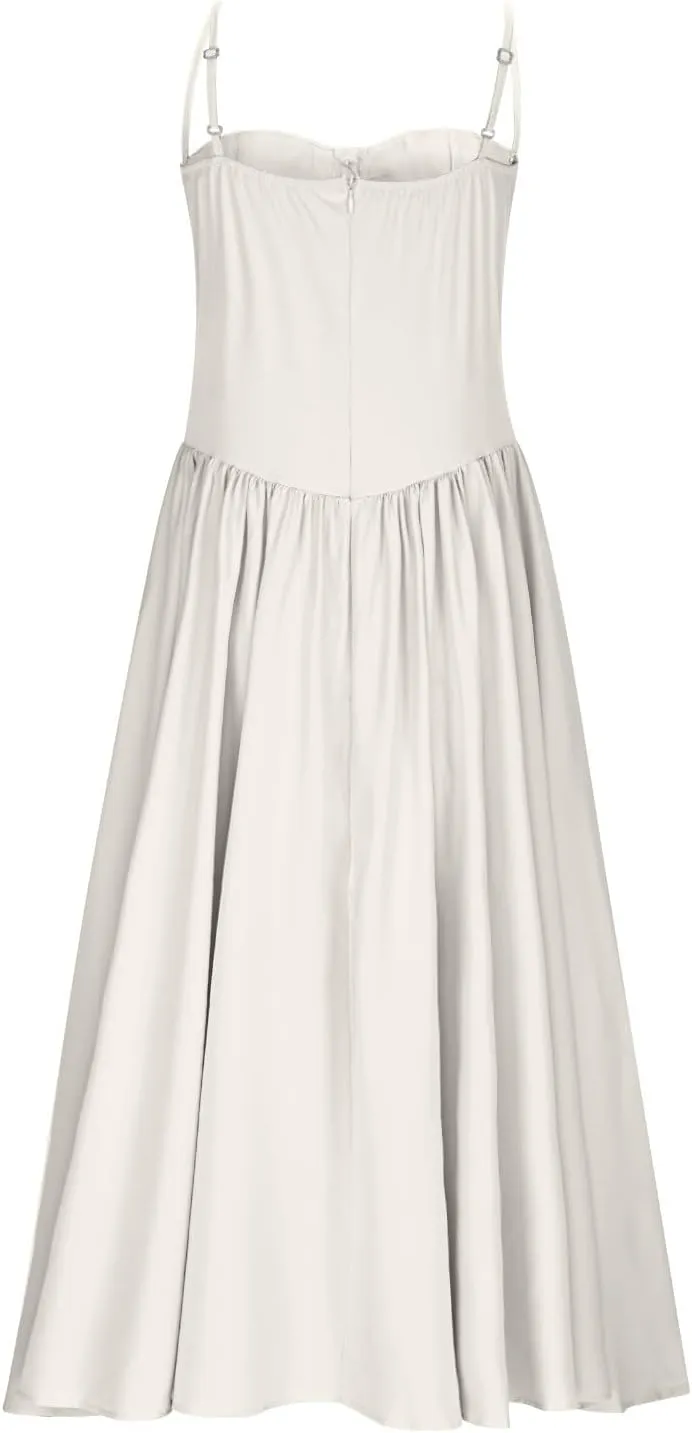 2025 Corset Dress for Women Elegant Spaghetti Strap Bustier Midi Dress Flowy Pleated Hem Prom Dresses with Pockets