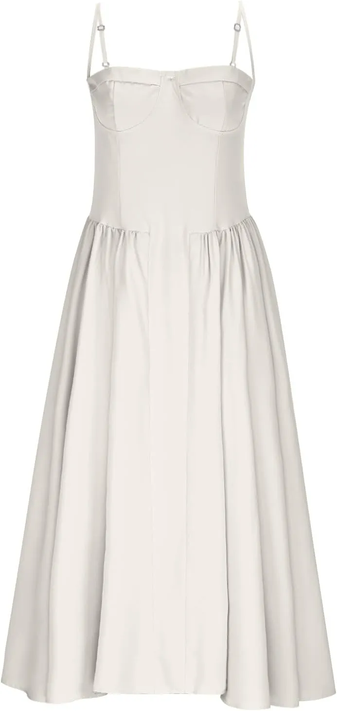 2025 Corset Dress for Women Elegant Spaghetti Strap Bustier Midi Dress Flowy Pleated Hem Prom Dresses with Pockets