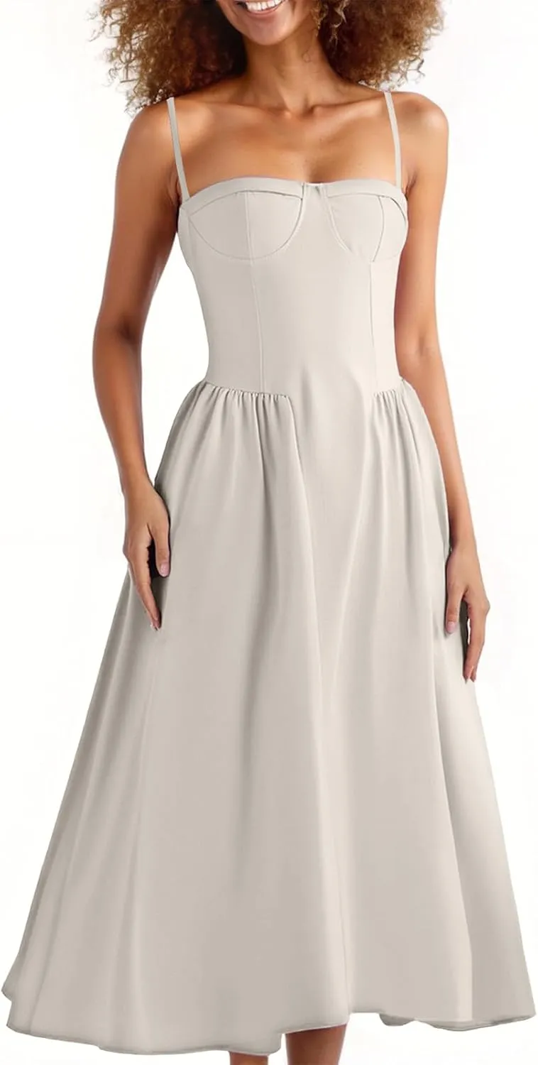 2025 Corset Dress for Women Elegant Spaghetti Strap Bustier Midi Dress Flowy Pleated Hem Prom Dresses with Pockets