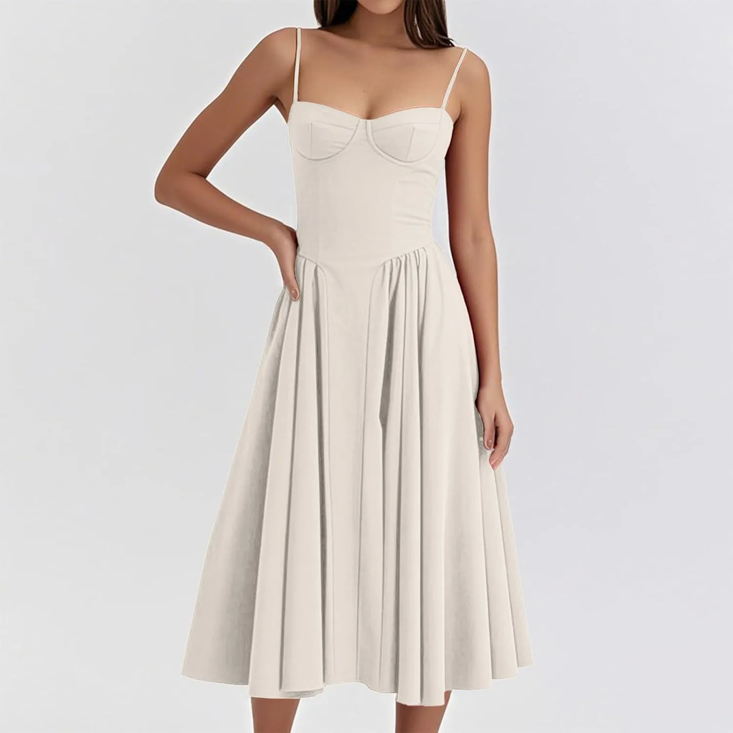 2025 Corset Dress for Women Elegant Spaghetti Strap Bustier Midi Dress Flowy Pleated Hem Prom Dresses with Pockets