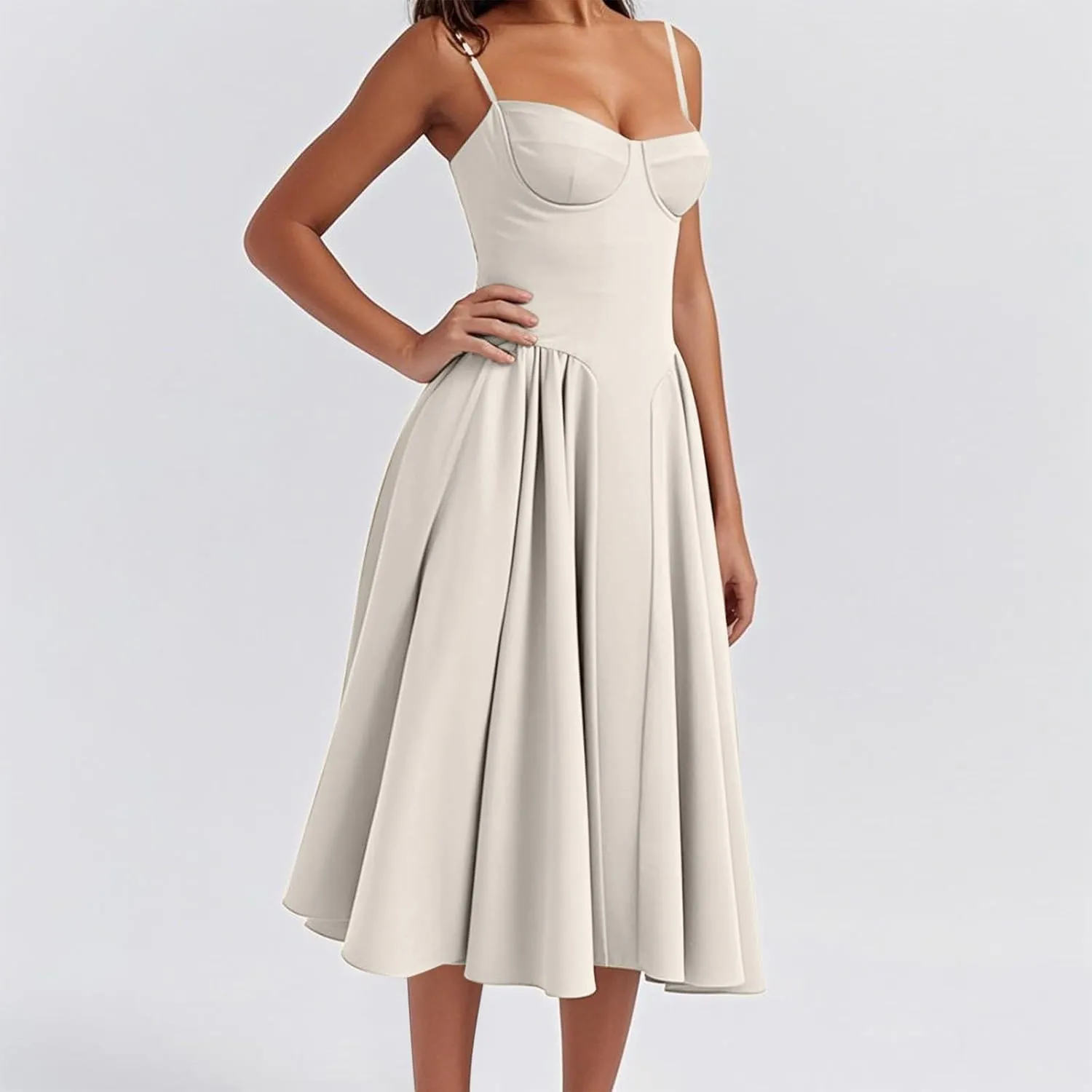 2025 Corset Dress for Women Elegant Spaghetti Strap Bustier Midi Dress Flowy Pleated Hem Prom Dresses with Pockets