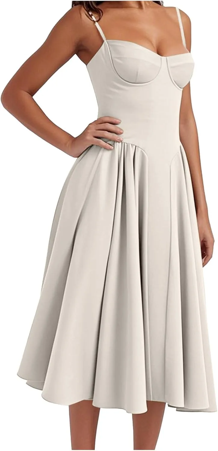 2025 Corset Dress for Women Elegant Spaghetti Strap Bustier Midi Dress Flowy Pleated Hem Prom Dresses with Pockets