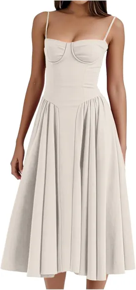 2025 Corset Dress for Women Elegant Spaghetti Strap Bustier Midi Dress Flowy Pleated Hem Prom Dresses with Pockets