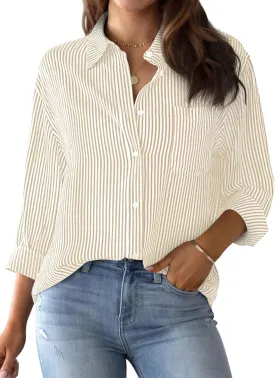 AISEW Womens Button Down Shirts Striped Classic Long Sleeve Collared Office Work Blouses Tops with Pocket
