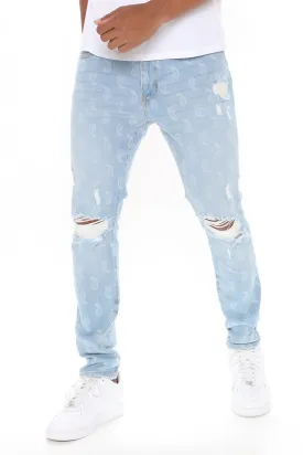 All Over Paisley Print Skinny Jeans - Light Wash