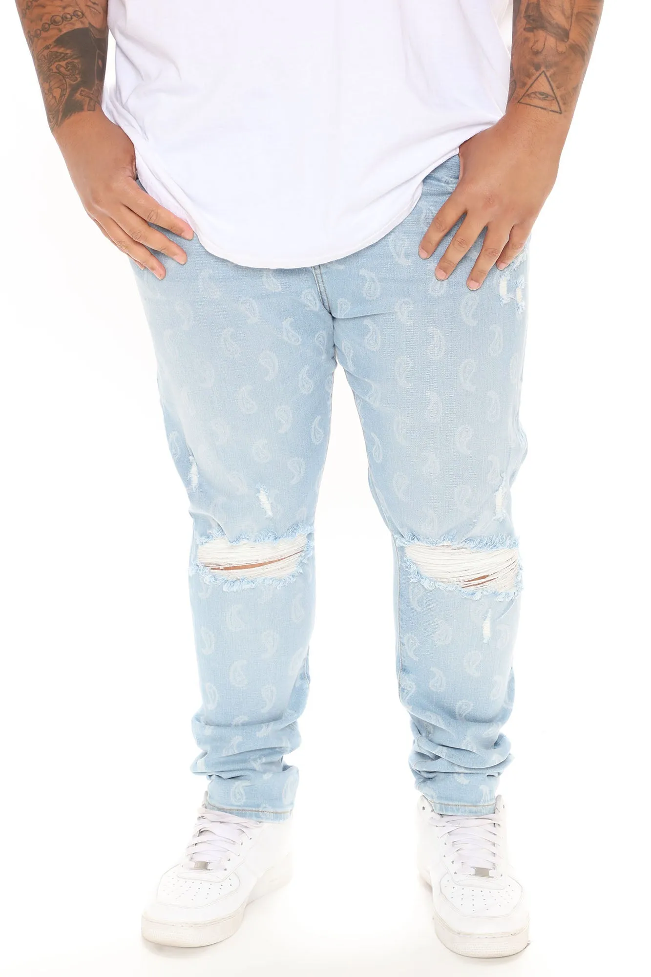 All Over Paisley Print Skinny Jeans - Light Wash