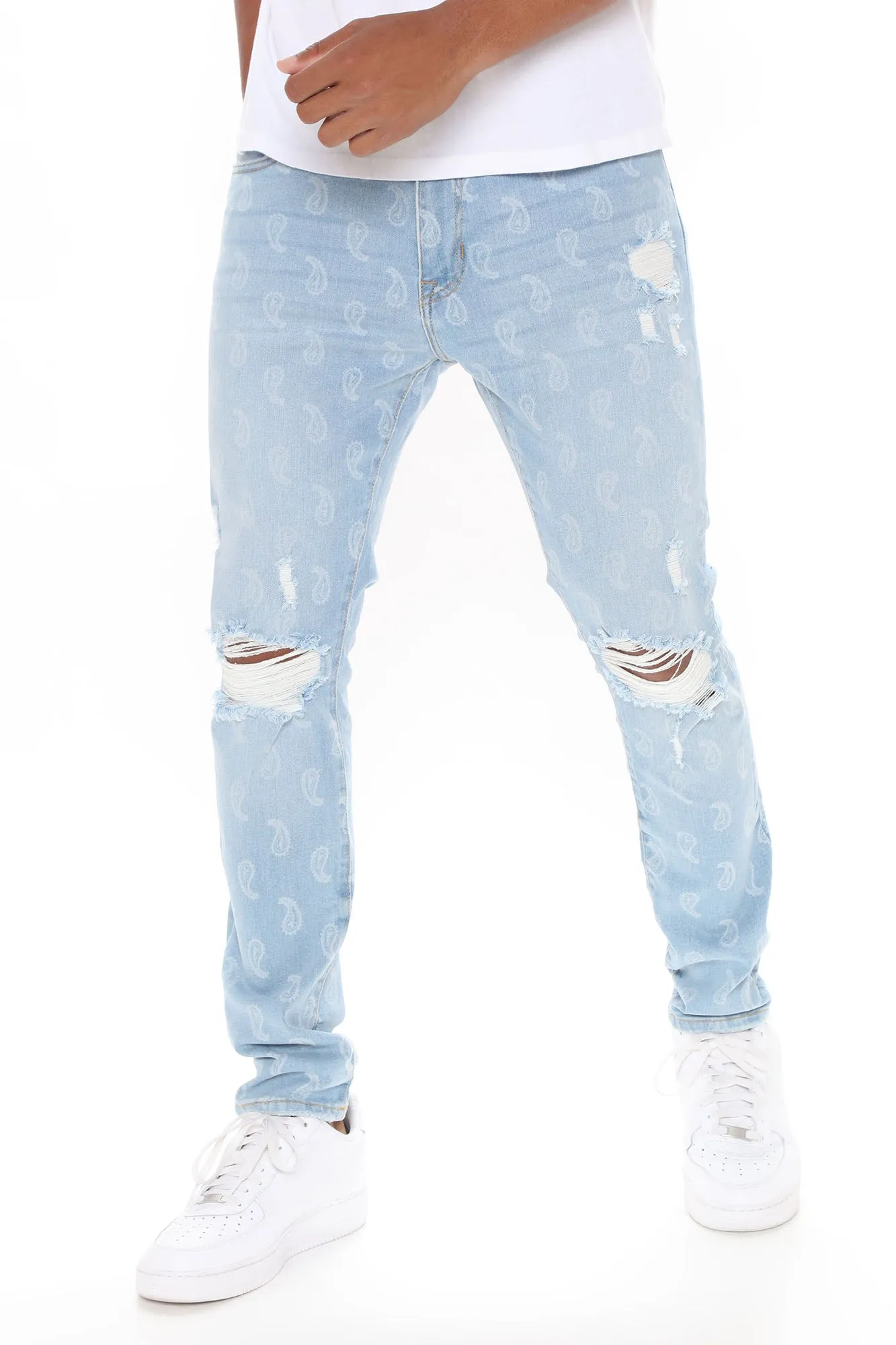 All Over Paisley Print Skinny Jeans - Light Wash