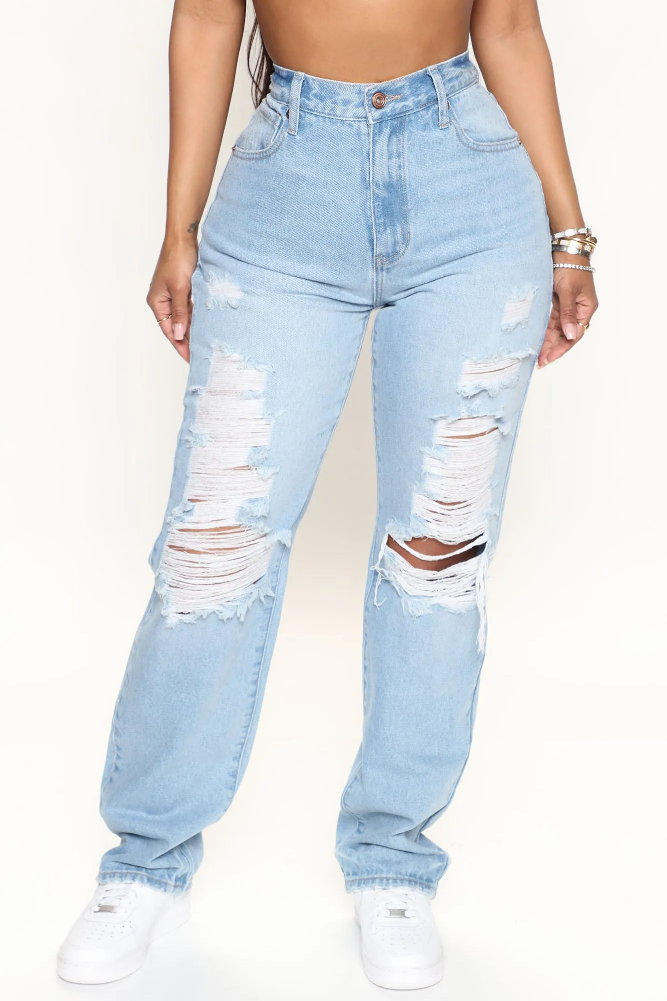 Always A Pleasure Ripped Straight Leg Jeans - Light Blue Wash
