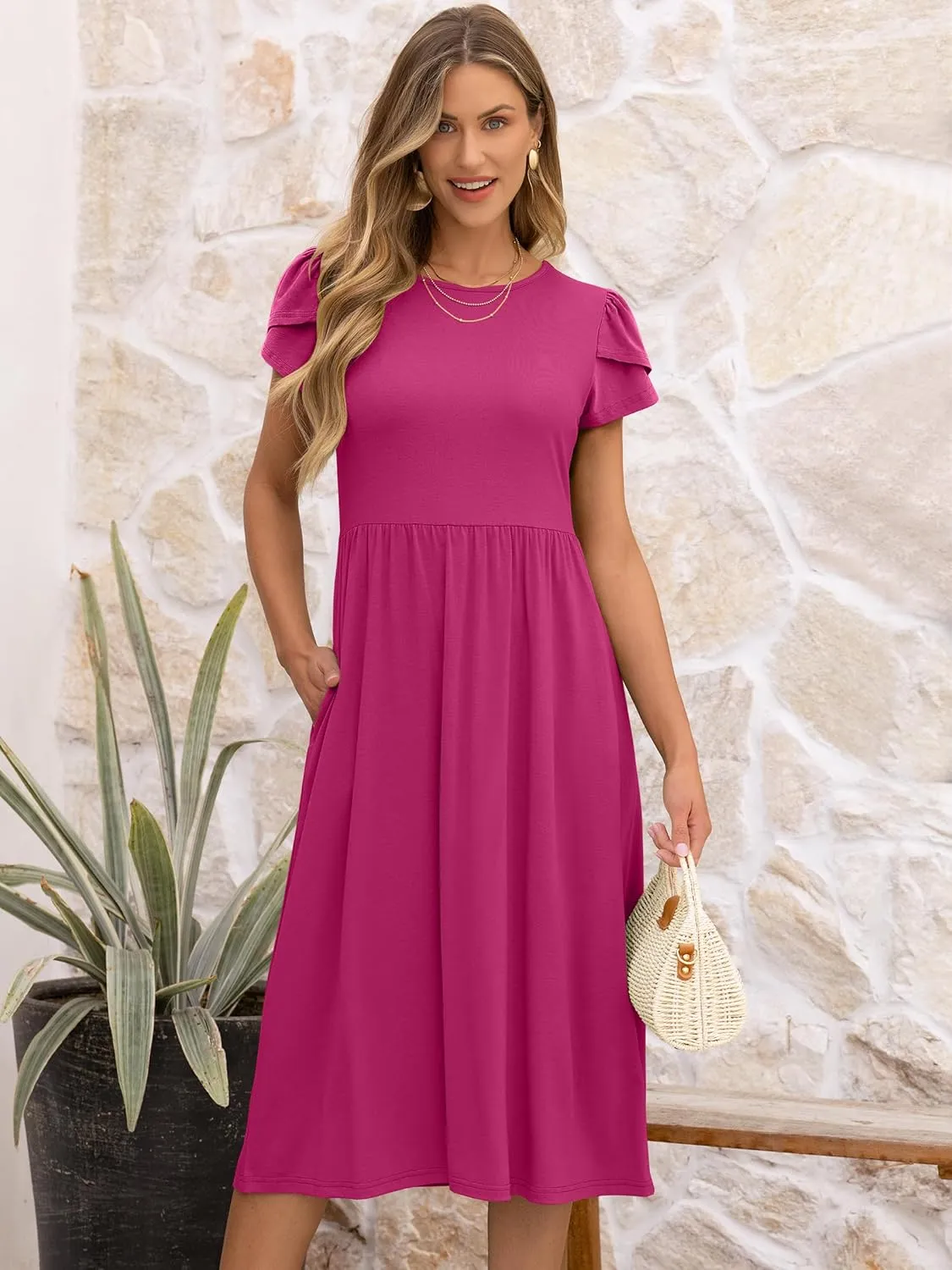 ANRABESS Women's Summer Short Sleeve A-Line Midi Dresses Casual Floral T-Shirt Dresses Flowy Beach Sundress with Pockets