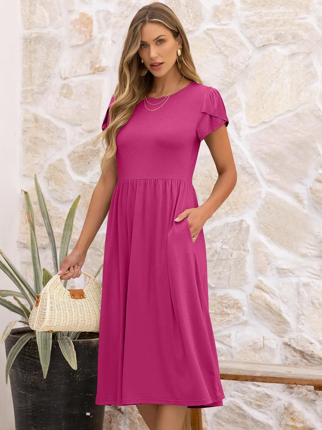 ANRABESS Women's Summer Short Sleeve A-Line Midi Dresses Casual Floral T-Shirt Dresses Flowy Beach Sundress with Pockets