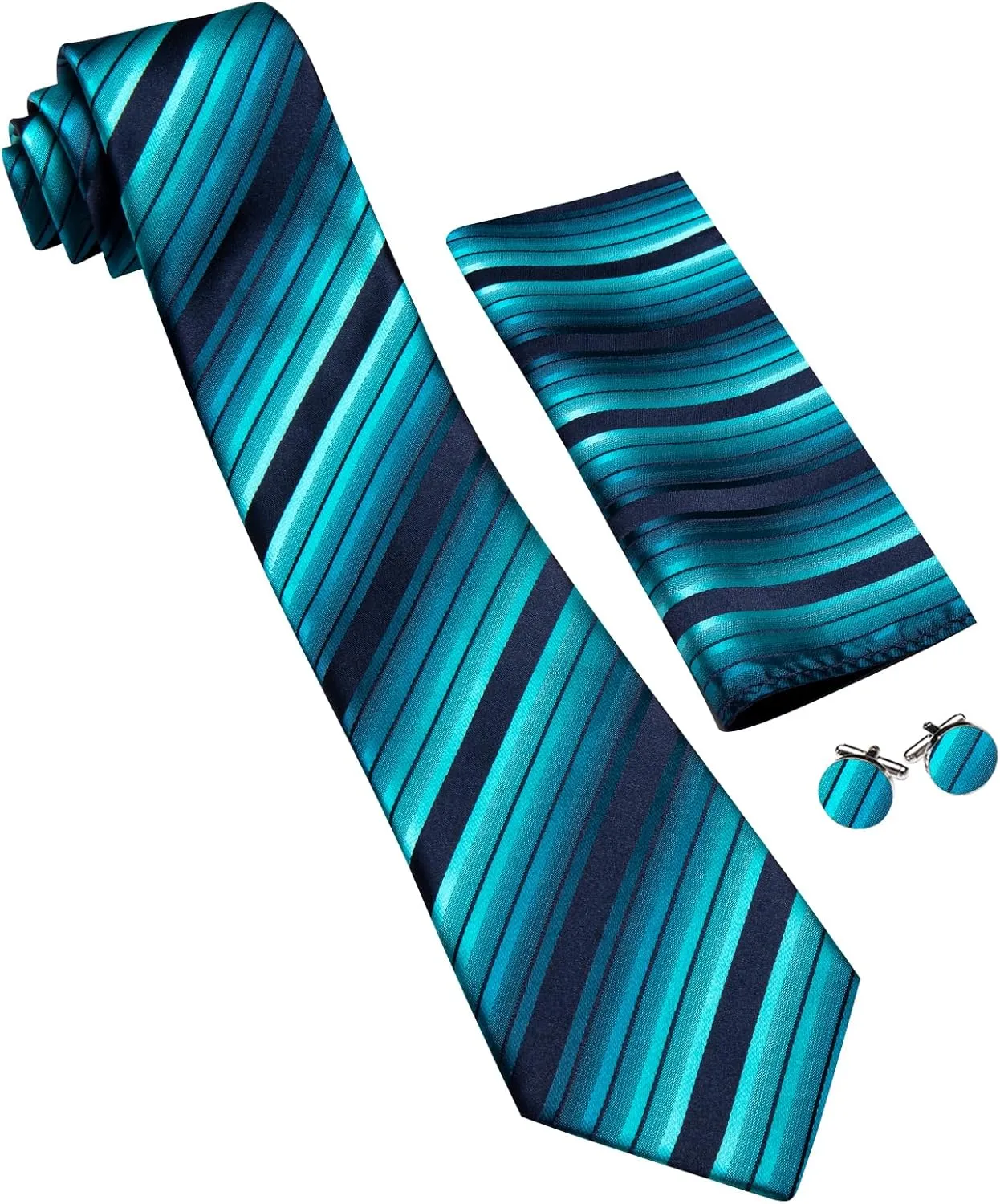 Barry.Wang Man Stripe Ties Set Silk Woven Pocket Square Necktie Cufflinks Formal Party Business