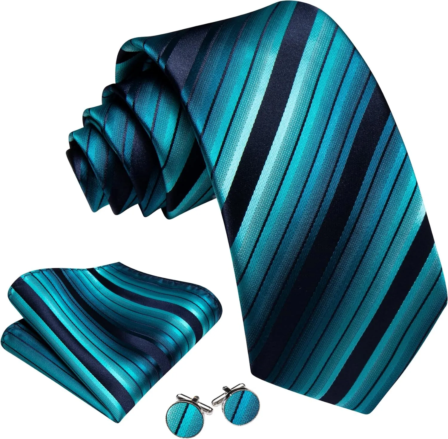 Barry.Wang Man Stripe Ties Set Silk Woven Pocket Square Necktie Cufflinks Formal Party Business
