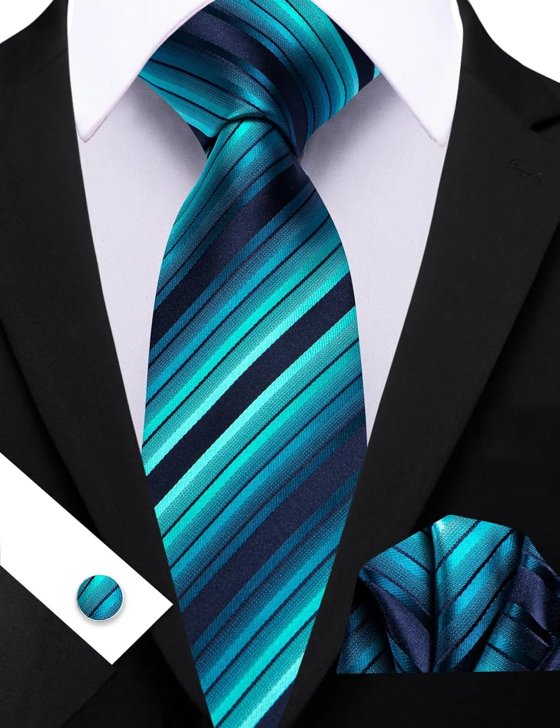 Barry.Wang Man Stripe Ties Set Silk Woven Pocket Square Necktie Cufflinks Formal Party Business