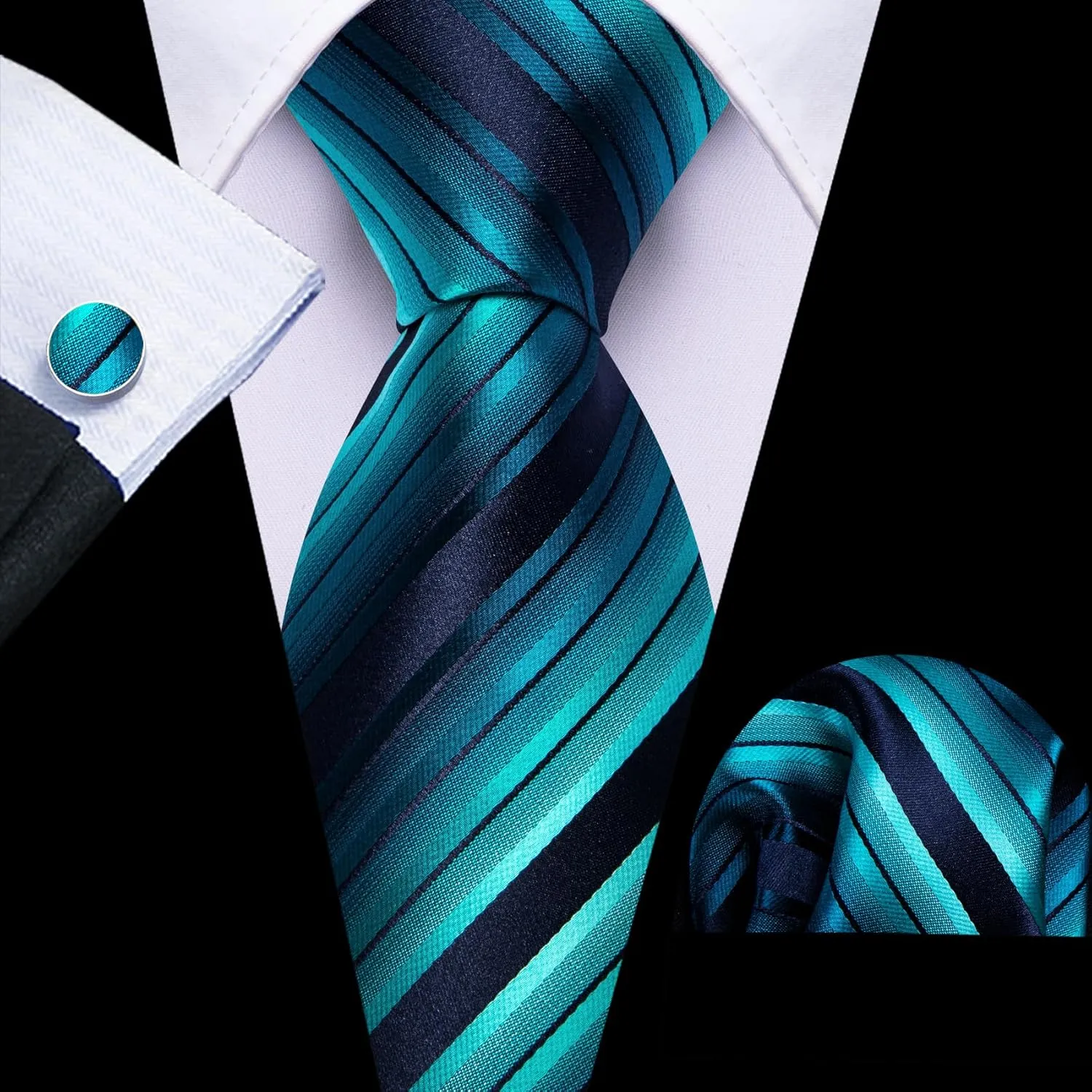 Barry.Wang Man Stripe Ties Set Silk Woven Pocket Square Necktie Cufflinks Formal Party Business
