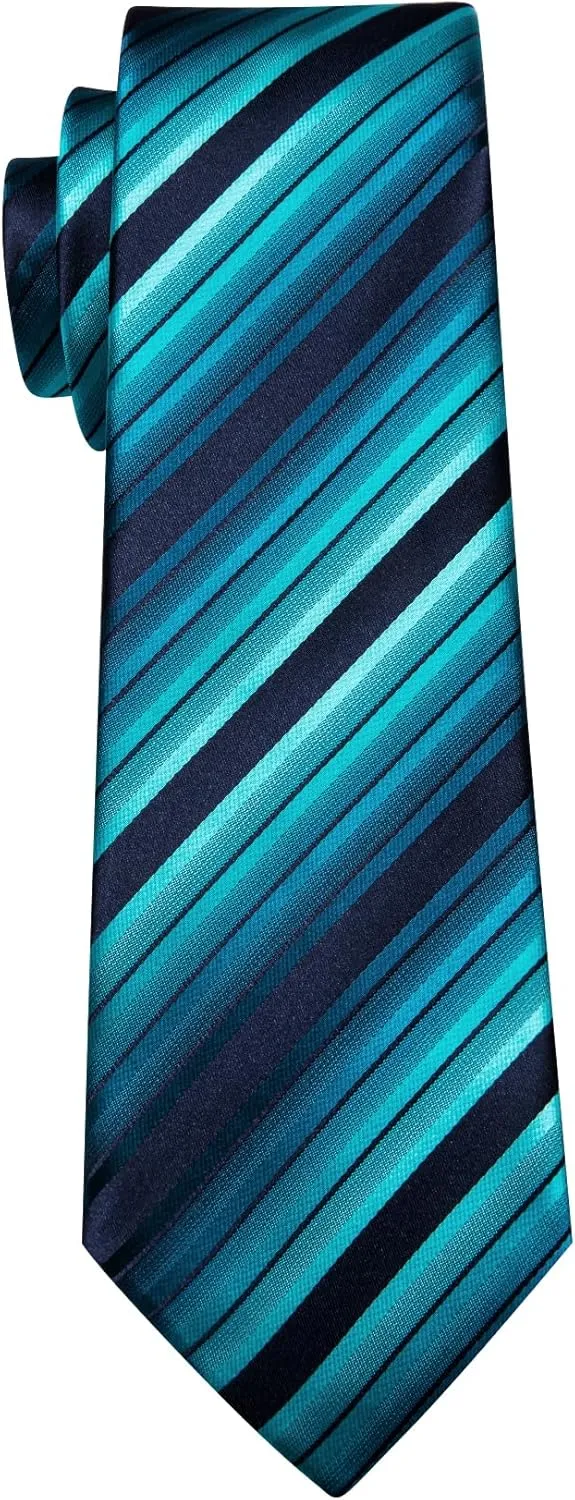 Barry.Wang Man Stripe Ties Set Silk Woven Pocket Square Necktie Cufflinks Formal Party Business