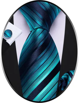 Barry.Wang Man Stripe Ties Set Silk Woven Pocket Square Necktie Cufflinks Formal Party Business