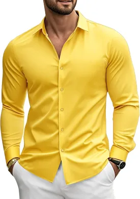 Barry.Wang Mens Stretch Dress Shirts Solid Long Sleeve Button Down Shirts Formal Casual Business Prom Party Wedding