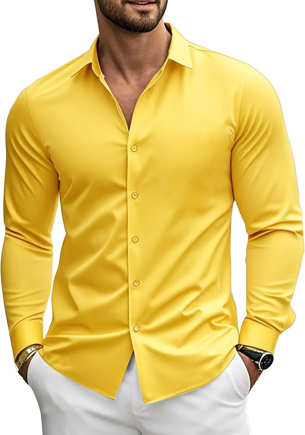 Barry.Wang Mens Stretch Dress Shirts Solid Long Sleeve Button Down Shirts Formal Casual Business Prom Party Wedding