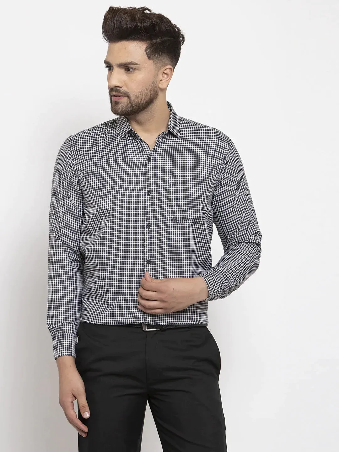 Black Men'S Cotton Checked Formal Shirt'S