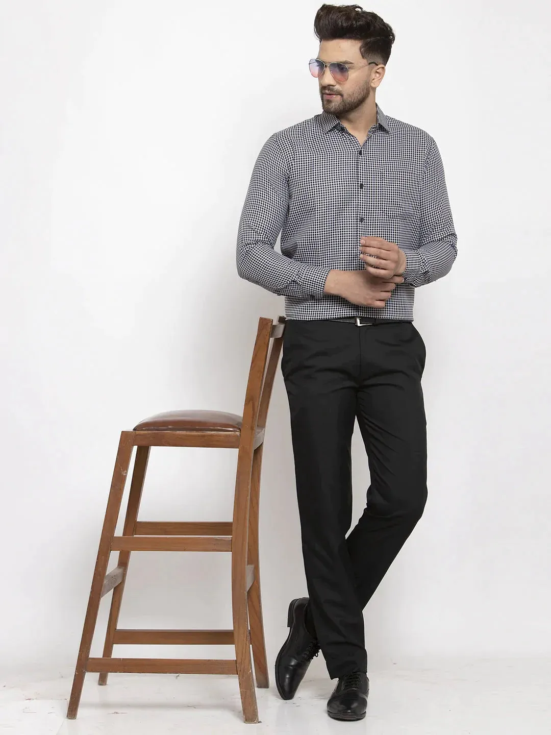 Black Men'S Cotton Checked Formal Shirt'S