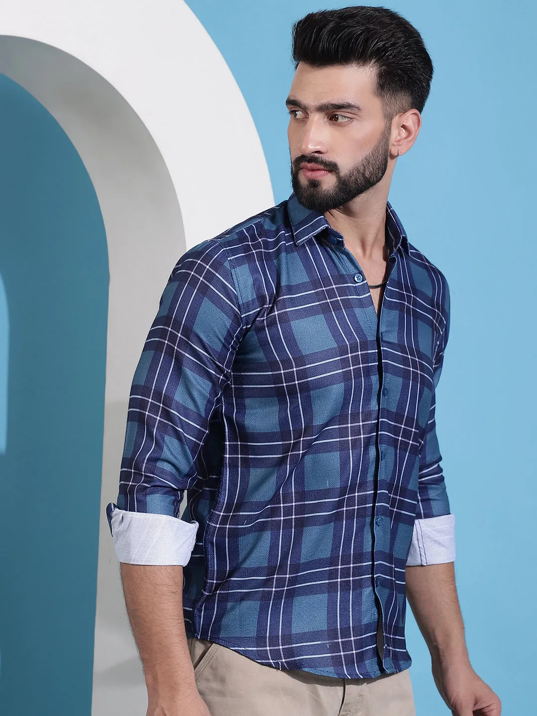 Blue Checked Cotton Casual Shirt For Men
