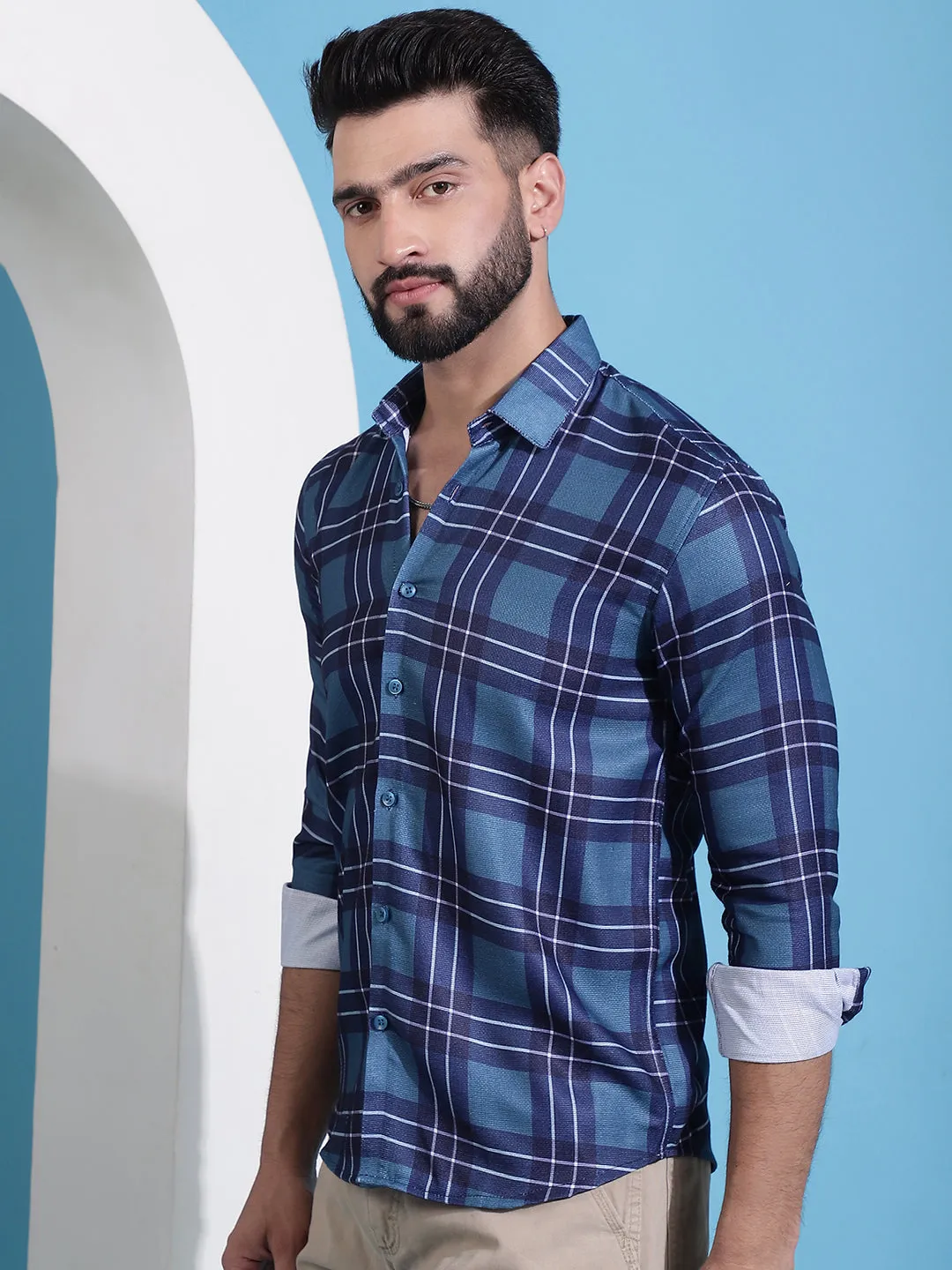 Blue Checked Cotton Casual Shirt For Men