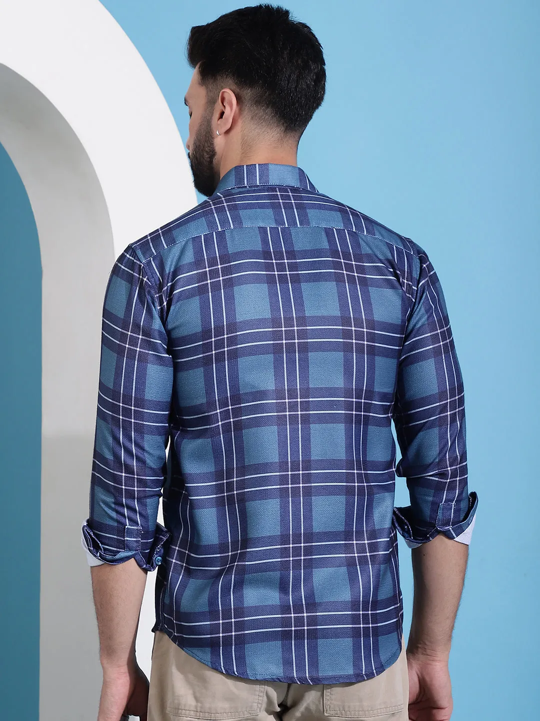Blue Checked Cotton Casual Shirt For Men