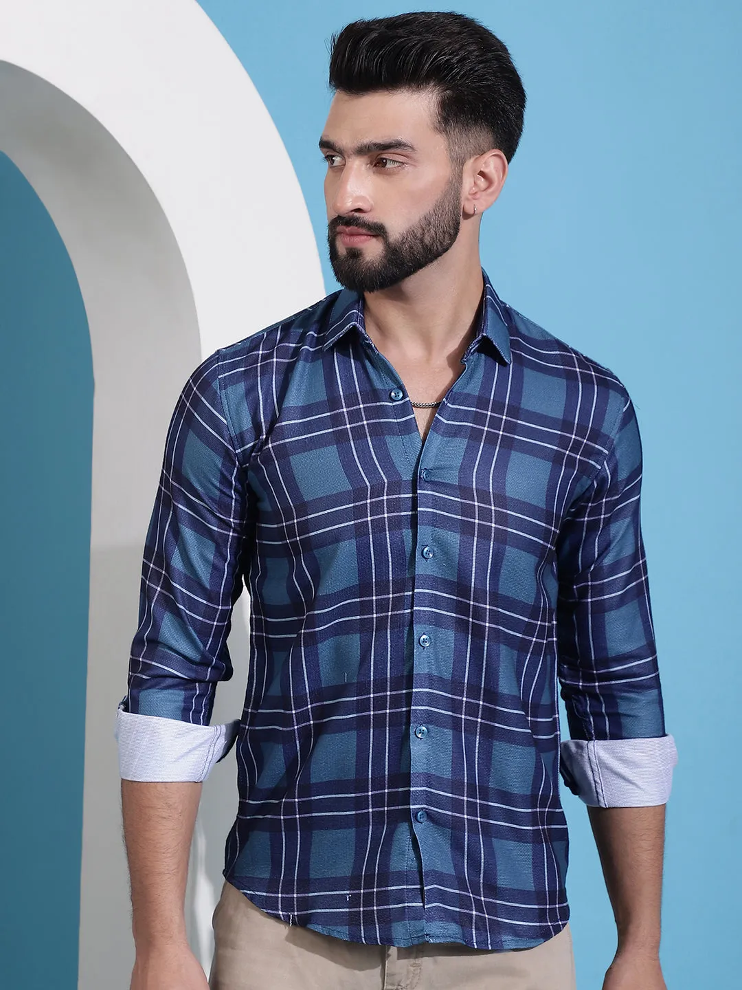 Blue Checked Cotton Casual Shirt For Men