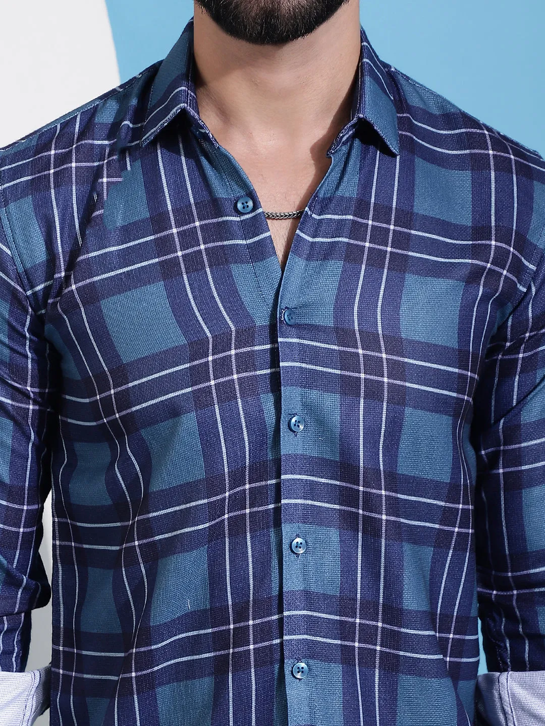 Blue Checked Cotton Casual Shirt For Men