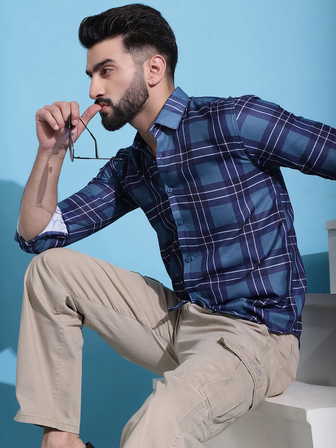 Blue Checked Cotton Casual Shirt For Men