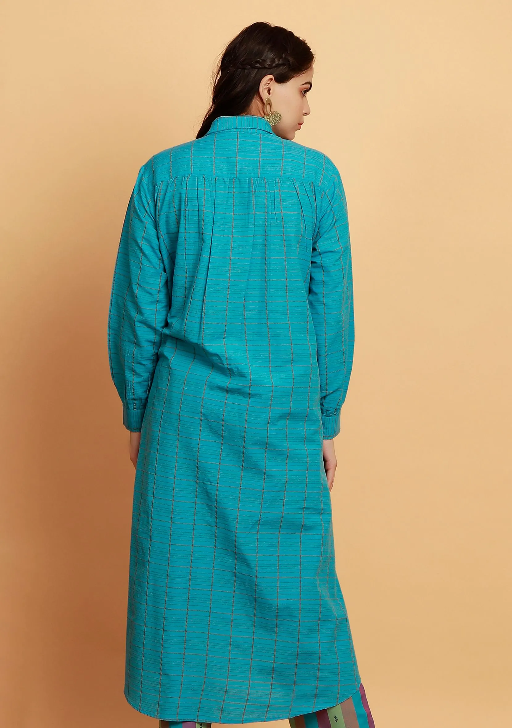 Blue Checked Long Shirt Woven Kurta