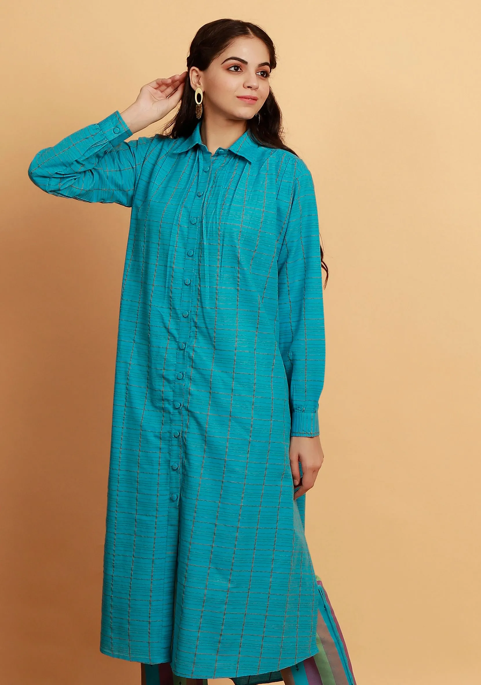 Blue Checked Long Shirt Woven Kurta