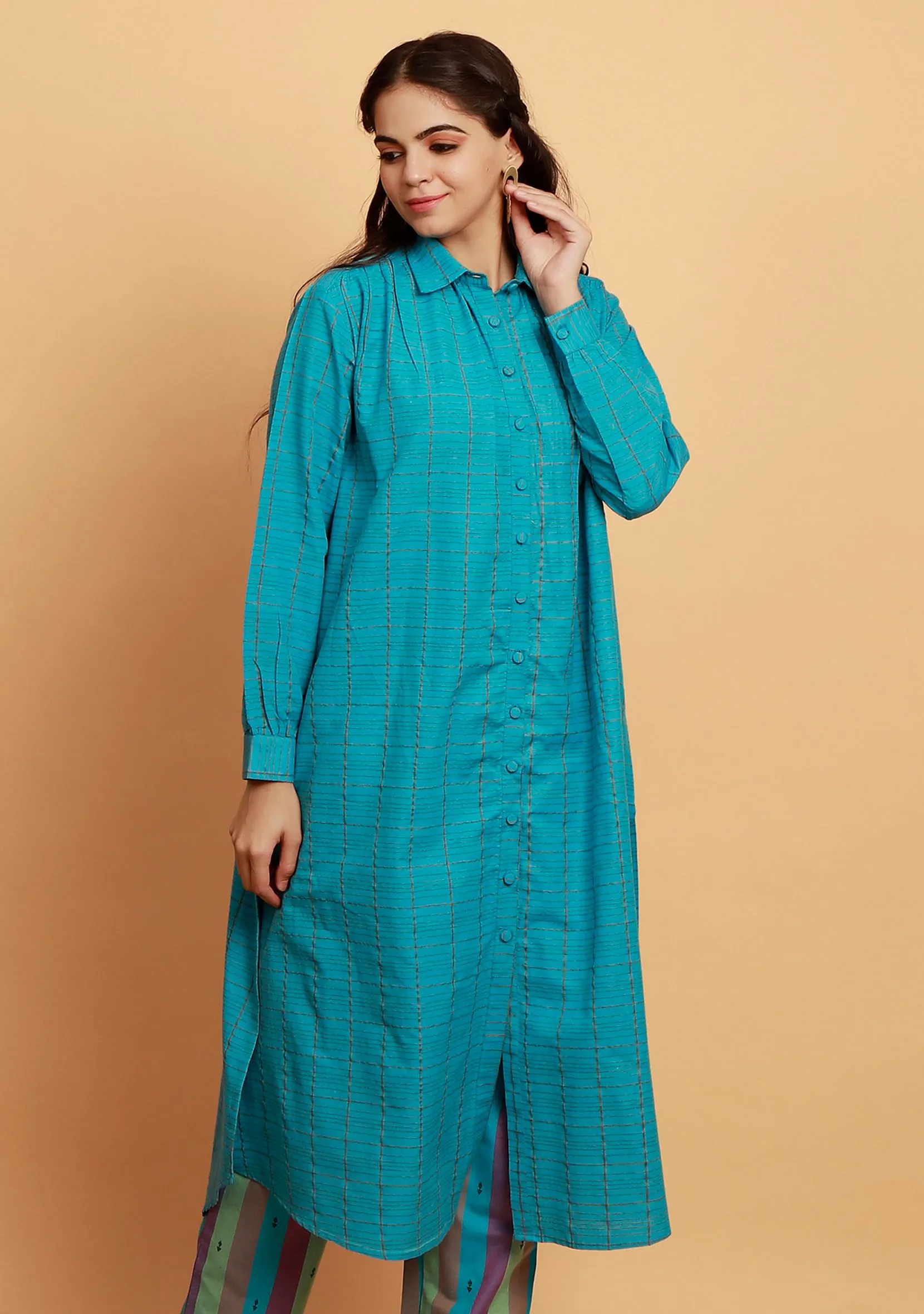 Blue Checked Long Shirt Woven Kurta