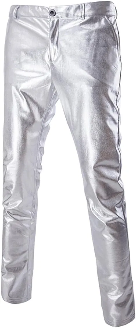 Boyland Mens Casual Night Club Metallic Moto Jeans Style Flat Front Suit Pants Straight Leg Trousers Disco