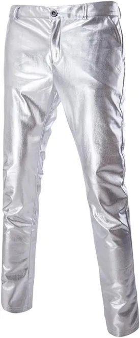 Boyland Mens Casual Night Club Metallic Moto Jeans Style Flat Front Suit Pants Straight Leg Trousers Disco