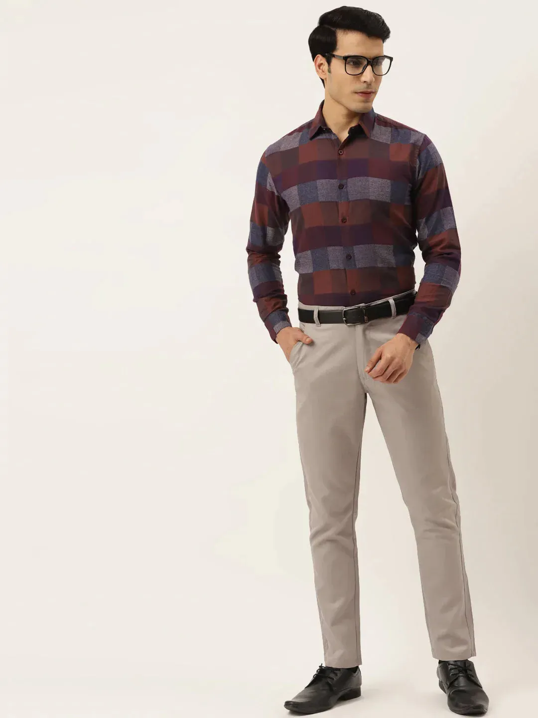 Brown Men'S Formal Cotton Checked Shirt