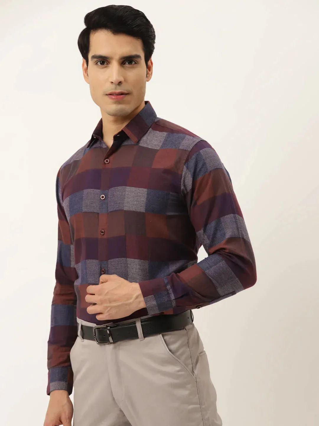 Brown Men'S Formal Cotton Checked Shirt