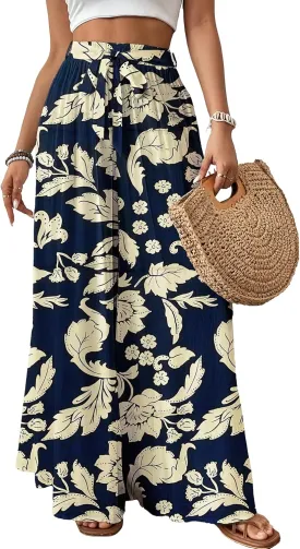 Bsubseach Wide Leg Pants Woman Flowy Floral Palazzo Pants for Women High Waisted Summer Casual Trousers Cruise Outfits Dark Blue