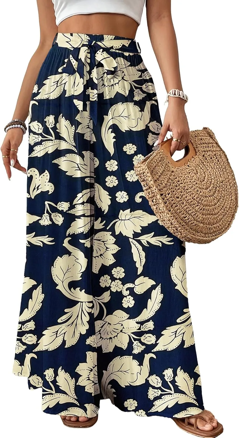 Bsubseach Wide Leg Pants Woman Flowy Floral Palazzo Pants for Women High Waisted Summer Casual Trousers Cruise Outfits Dark Blue