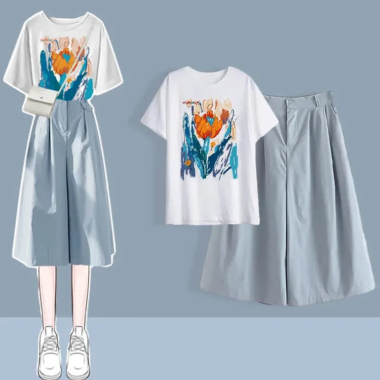Chic Round Neck Print T-Shirt Casual Wide Leg Pants Two Piece Set