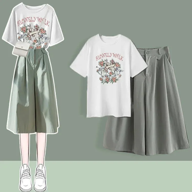 Chic Round Neck Print T-Shirt Casual Wide Leg Pants Two Piece Set