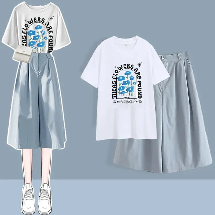 Chic Round Neck Print T-Shirt Casual Wide Leg Pants Two Piece Set