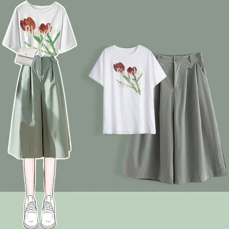 Chic Round Neck Print T-Shirt Casual Wide Leg Pants Two Piece Set