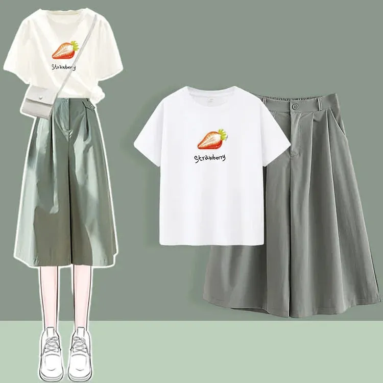 Chic Round Neck Print T-Shirt Casual Wide Leg Pants Two Piece Set