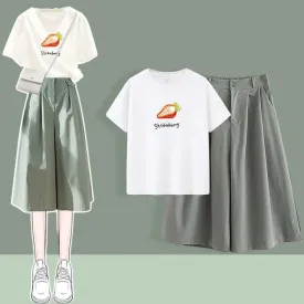Chic Round Neck Print T-Shirt Casual Wide Leg Pants Two Piece Set