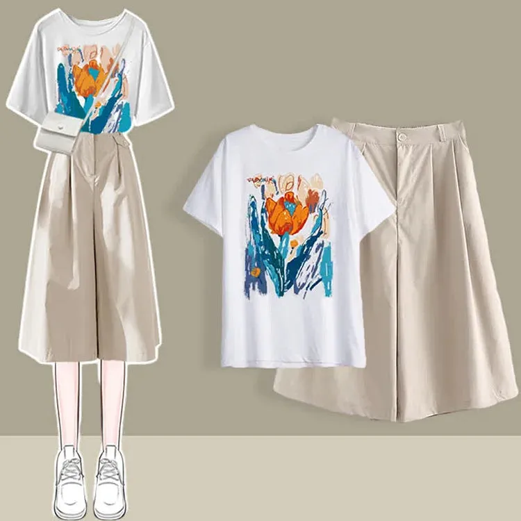Chic Round Neck Print T-Shirt Casual Wide Leg Pants Two Piece Set