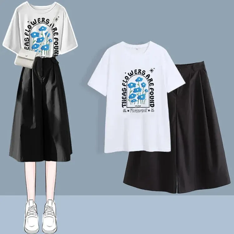 Chic Round Neck Print T-Shirt Casual Wide Leg Pants Two Piece Set