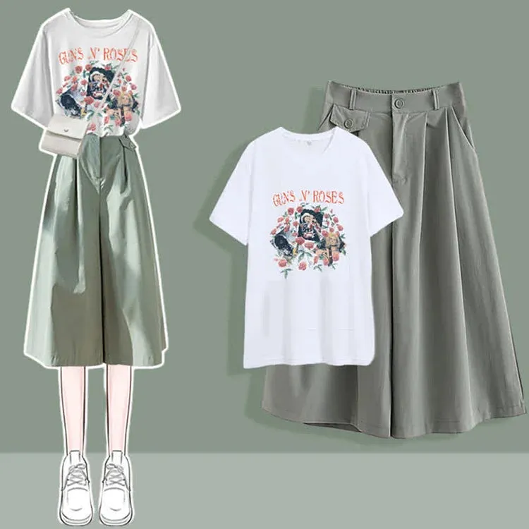 Chic Round Neck Print T-Shirt Casual Wide Leg Pants Two Piece Set