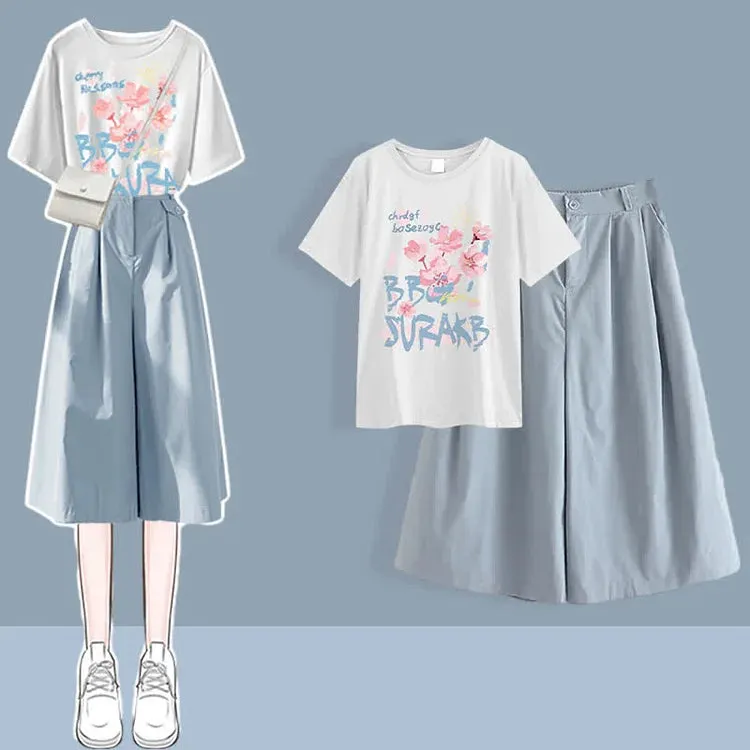 Chic Round Neck Print T-Shirt Casual Wide Leg Pants Two Piece Set