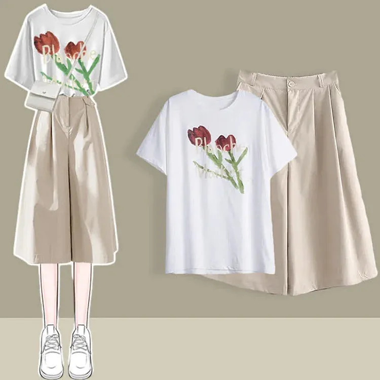 Chic Round Neck Print T-Shirt Casual Wide Leg Pants Two Piece Set